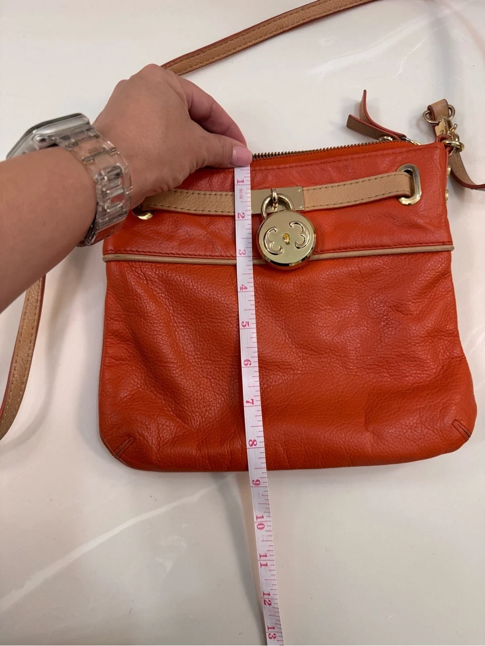 Emma Fox Orange Crossbody Bag with Tan Trim and Gold Hardware